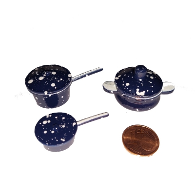 3er Set Kochtöpfe mit Deckel blau, weiß gepunktet