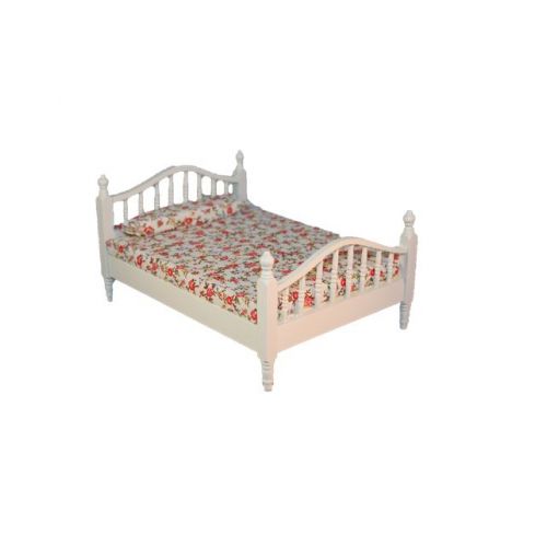 Bett geblümt 16x12cm Holz weiß lackiert 1:12