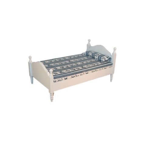 Bett weiß / blau gestreift 16x10cm Holz weiß lackiert 1:12
