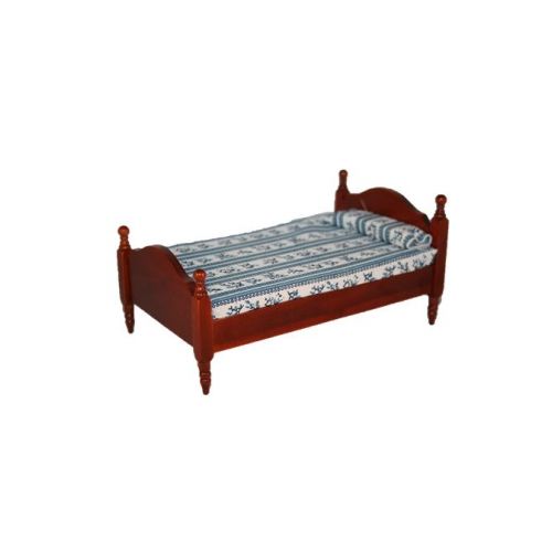 Bett blau / weiß 16x10cm Mahagoni 1:12