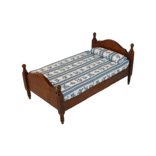 Bett blau / weiß 16x10cm Antikbraun 1:12