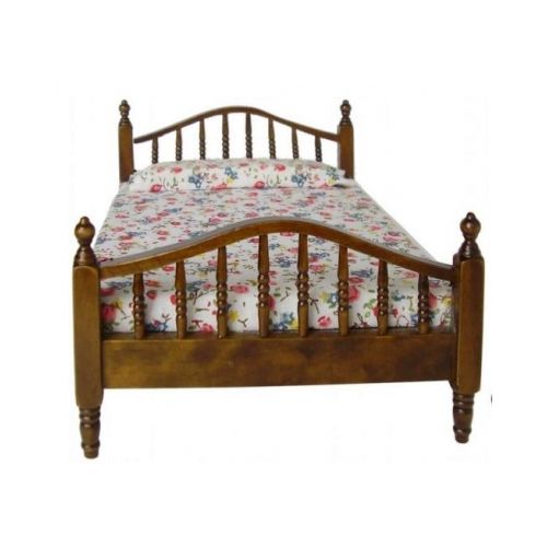 Bett geblümt 16x12cm Holz antikbraun 1:12