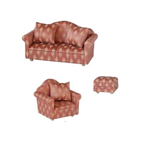 Sitzgruppe rosa & gelbem Muster mit Sofa Sessel und Hocker