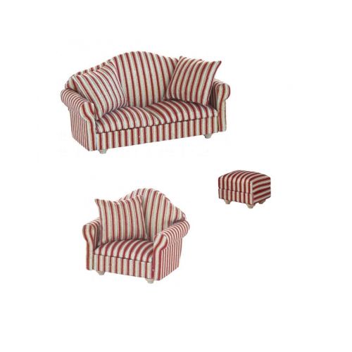 Sitzgruppe rot / weiß gestreift mit Sofa Sessel & Hocker