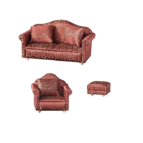 Sitzgruppe rot & goldenem Muster mit Sofa Sessel und Hocker