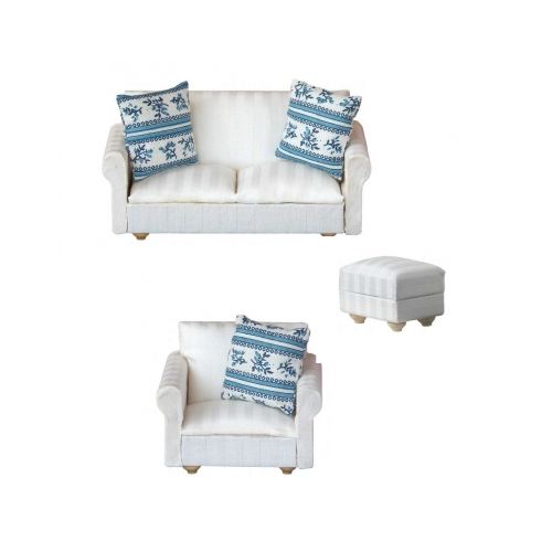 Sitzgruppe weiß gestreift mit Sofa Sessel und Hocker