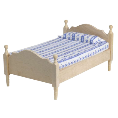Bett blau / weiß 17x10cm Holz natur 1:12